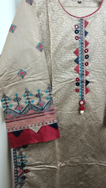 Pakistani Original Rangoon Stitched Cotton 3 Pcs _ Beige